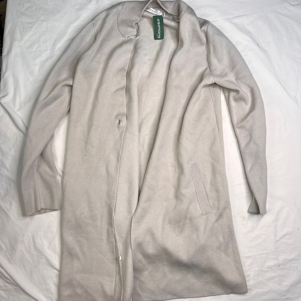 NWT Contemporaine Simons Womens M Gray Beige Long Open Front Sweater Wool Blend
